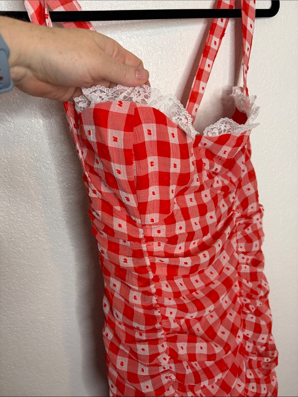 Cider Red & White Gingham Check Lace Trimmed Retro Ruched Mini Dress Size XL - Picture 3 of 8